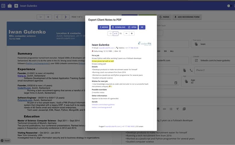 klang.so ATS — client notes can be merged with the PDV CV and exported